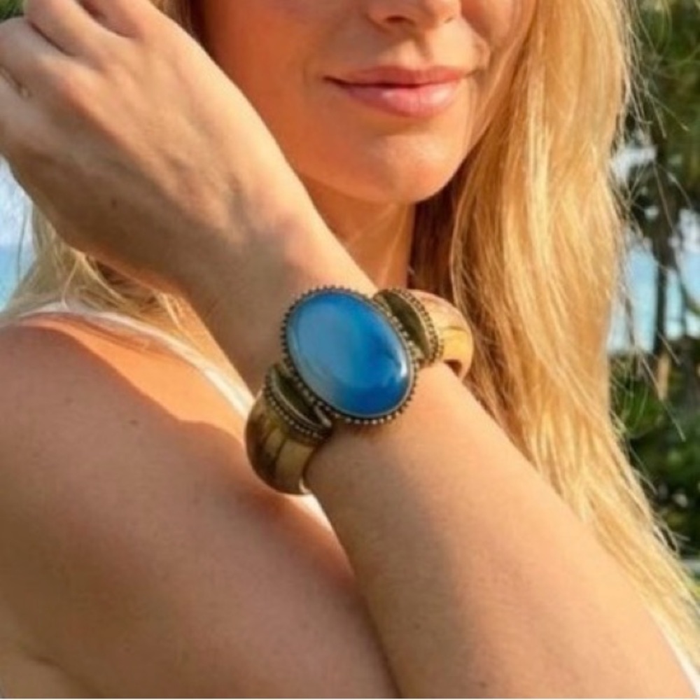 Boho Blue Stone Cuff Bracelet Gold Statement